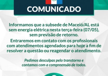 Subsede do CREFITO-1 em Maceió suspende atendimento ao público devido ausência de energia elétrica nesta terça-feira (07/05)
